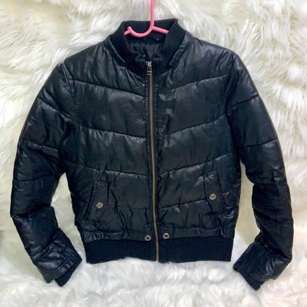 Boy's Forever Orchid Faux Puffer Jacket Black Long Sleeve Size 14-16